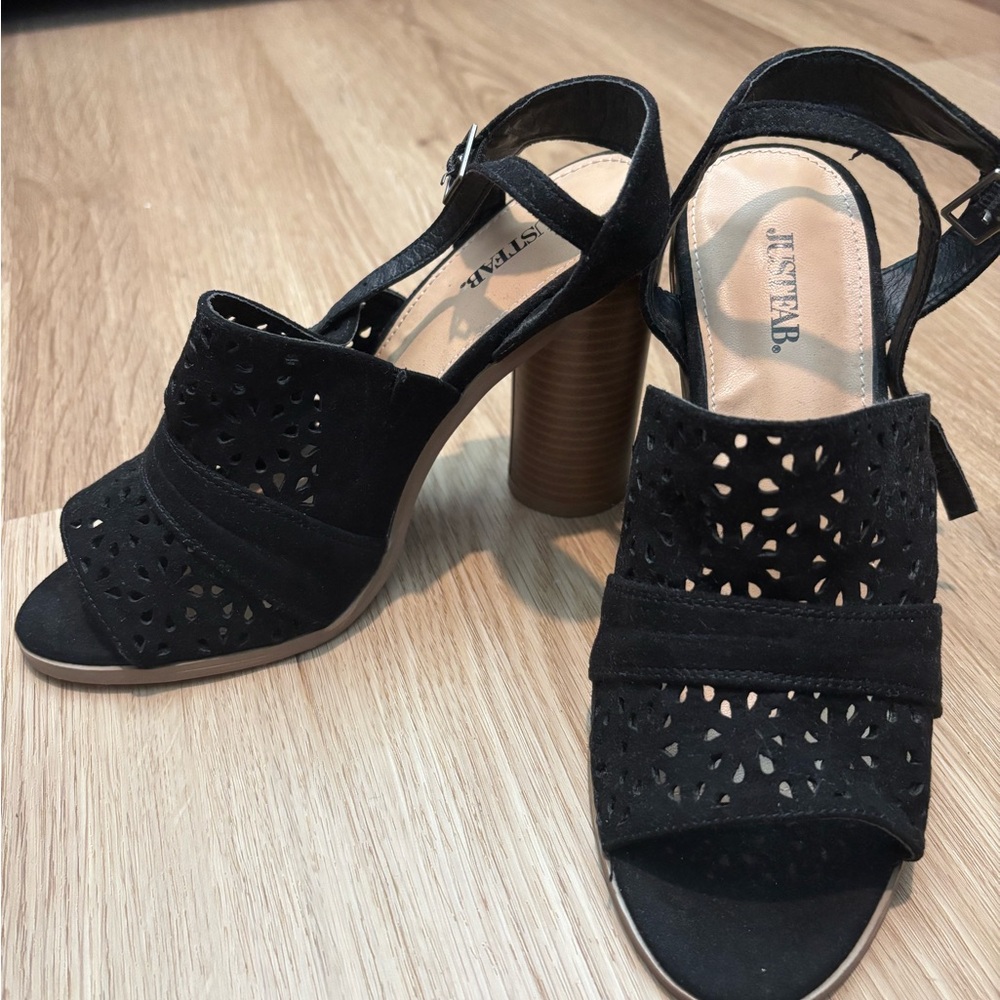 JustFab Black Laser-Cut Suede Block Heel Sandals with Wood-Tone Heel